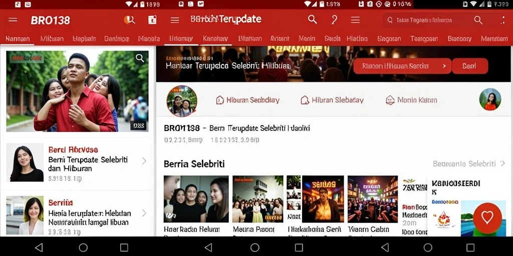 Antarmuka aplikasi BRO138 yang modern dan informatif tentang dunia hiburan.