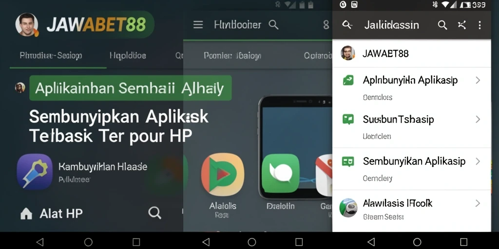 Antarmuka pengguna JAWABET88 dengan fungsi Sembunyikan Aplikasi.